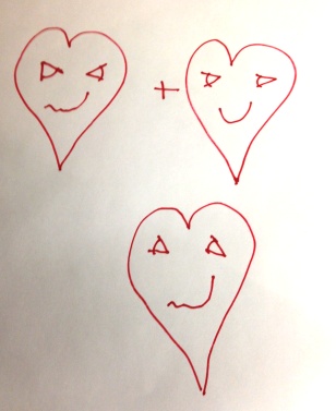 Three hand-drawn red hearts with smiling faces joined by a plus sign