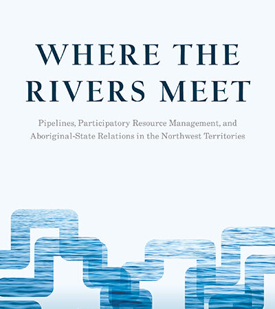 Book cover of 'Where the Rivers Meet' by Carly A. Dokis, with a pattern of interlocking shapes over blue water