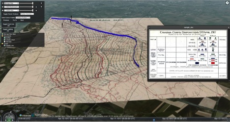 A 3D computer visualization of a historic map of trenches with a blue route line and a table of Canadian Corps positions on the side