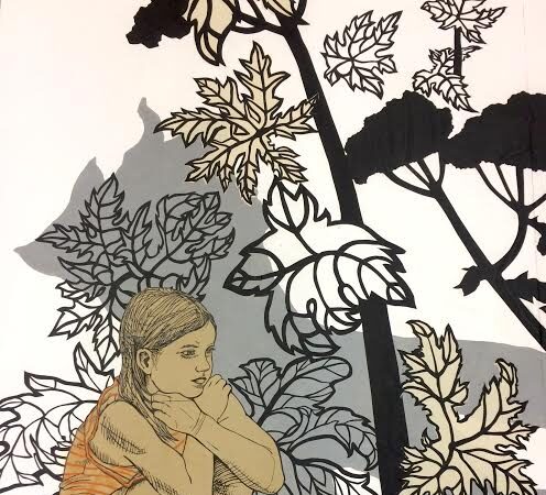 Black, grey and tan cut-paper illustration of a girl crouching among leaves and plants