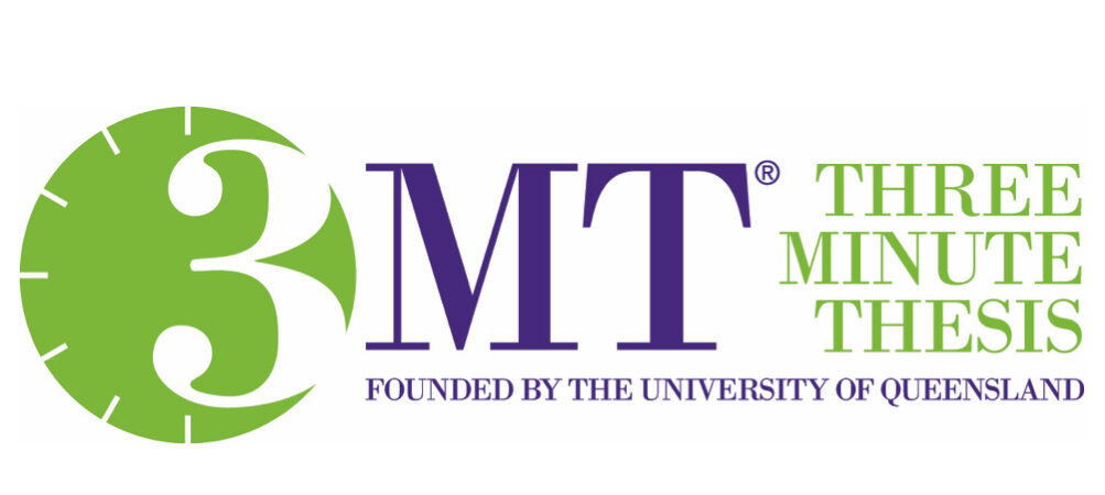 Three Minute Thesis (3MT) logo, founded by the University of Queensland, with a green clock-face '3' and purple text