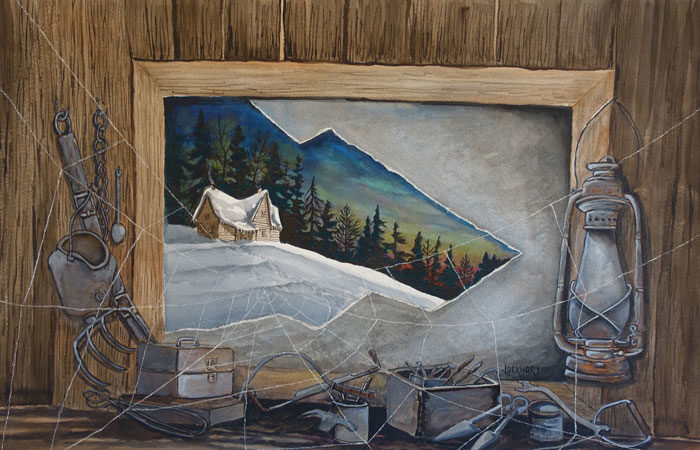 Watercolour painting of a snowy cabin and pine forest seen through a broken window, surrounded by old tools and a lantern