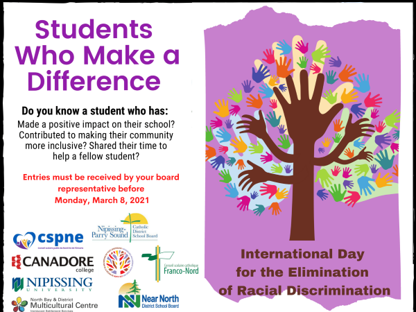 Poster reading 'Students Who Make a Difference', asking for nominations before Monday, March 8, 2021, with a tree made of colourful handprints and logos of partner school boards, colleges and Nipissing University