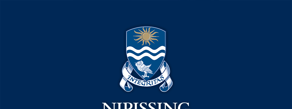 Nipissing University crest with the motto 'Integritas' above the university name on a dark blue background