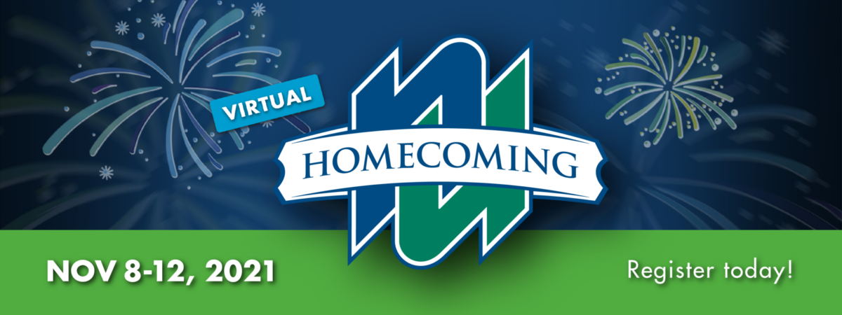 Virtual Homecoming banner with the Nipissing 'N' logo and fireworks, reading 'Nov 8-12, 2021, Register today!'