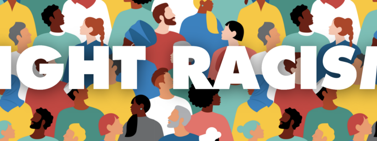 Banner reading 'Fight Racism' over a colourful pattern of illustrated faces of diverse people