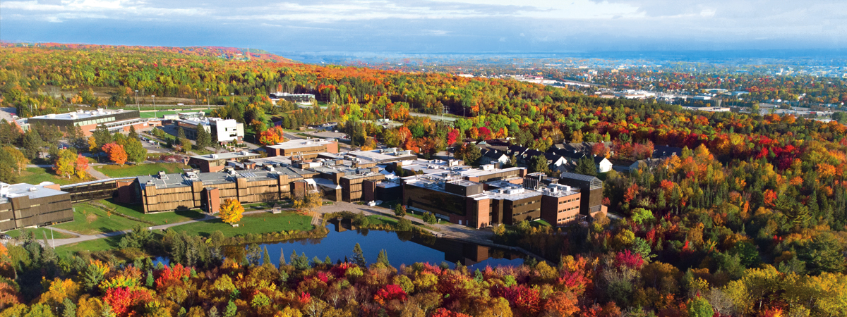 Aerial view of the Nipissing University campus and a pond among trees in bright autumn colours