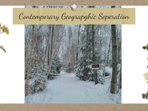 A presentation slide titled 'Contemporary Geographic Separation' showing a snowy forest trail