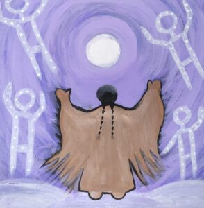 Painting of a figure with raised arms in a fringed buckskin dress and braids, under a full moon, with dotted figures dancing on a purple background
