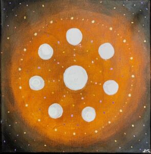 Acrylic painting of nine white moons in a circle on an orange and black starry background